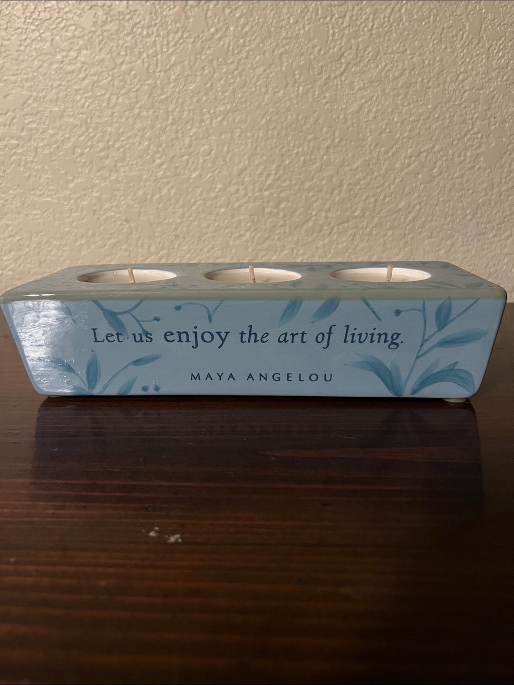 Maya Angelou Quote Ceramic 3-Tea Light Holder Blue/White Floral Design